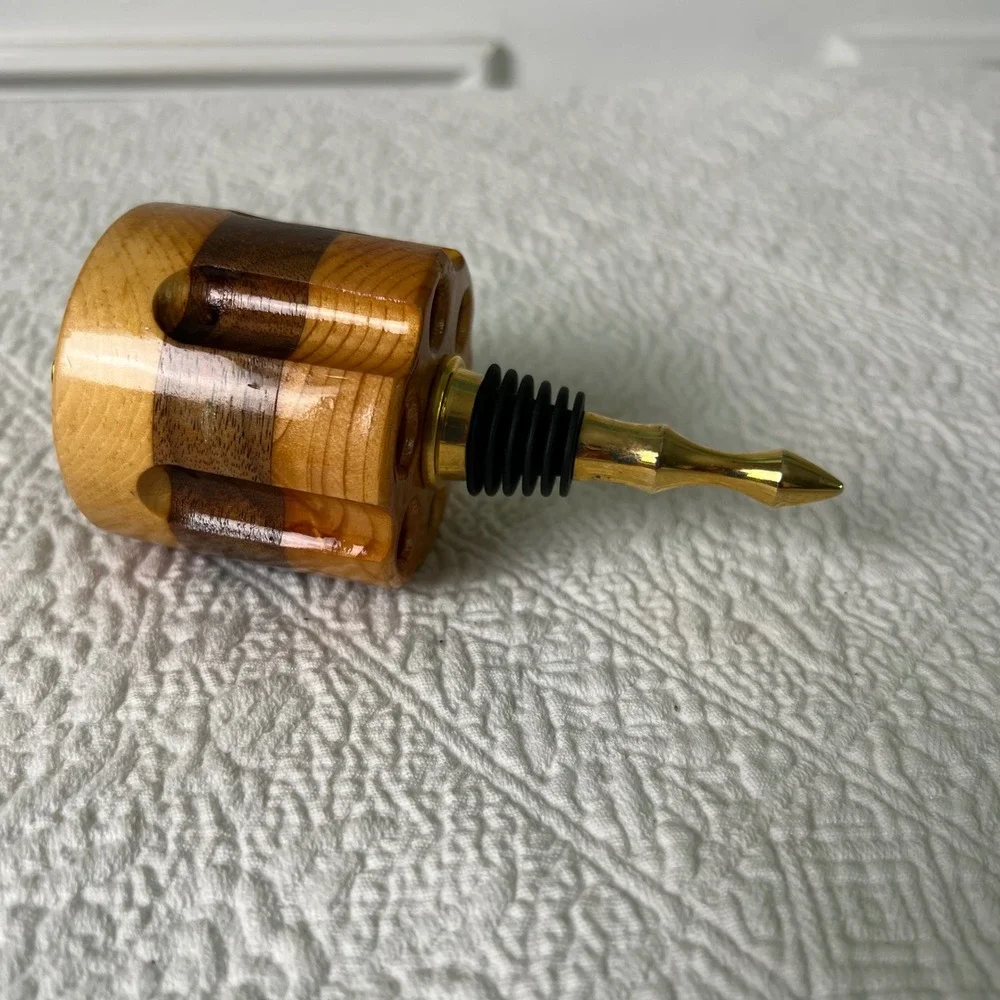Handmade Revolver Cylinder Wine Stopper OS Unisex Bullet Casing Inlay Wood Brown